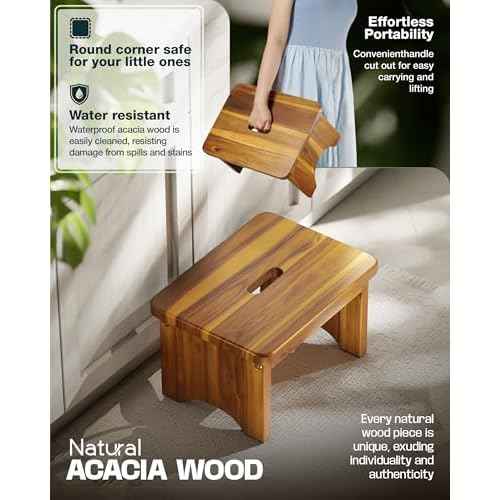 Wooden Step Stool, 9'' One Step Stool for Adults, Wooden Beside Step with 550 Lbs Load Capacity, Heavy Duty/Portable/Nonslip/Durable Construction Safe Step for Bedroom/Kitchen