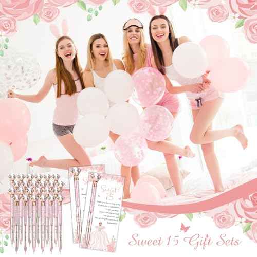 50 Sets Quinceanera Party Favors Sweet 15th Thank You Gifts Big Crystal Diamond Pens with Thank You Cards Retractable Ballpoint Bling Pens 15 Birthday Mis Quince Gifts for Guests (Rose Gold)