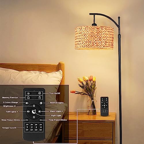 Floor Lamp for Living Room Bedroom Farmhouse Arc Rattan Boho Standing Lamp with Remote Dimmable Black Wicker Bamboo Lamp Shade Floor Light Adjustable Tall Lamp Industrial Floor Lamps Bohemian