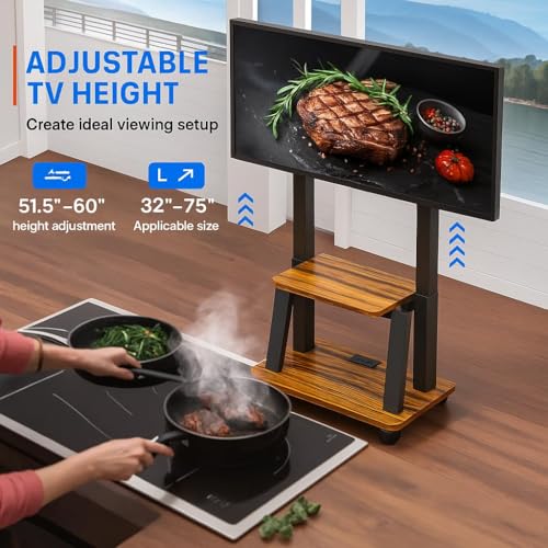 DIOOSN Walnut Rolling TV Stand for 32-80 inch TVs with Built-In Power Outlet