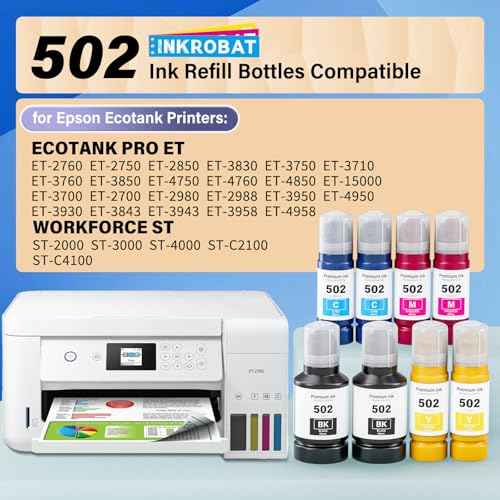 502 Ink Refill Bottles (NotSublimation) for Ecotank ET-4850 ET-3850 ET-2850 ET-3760 ET-2980 ET-2988 ET-4760 ET-2760 ET-15000 ET-2750 ET-3750 ET-3830 ET-4750 3950 4950 Printer, T502 Ink Combo 8 Packs