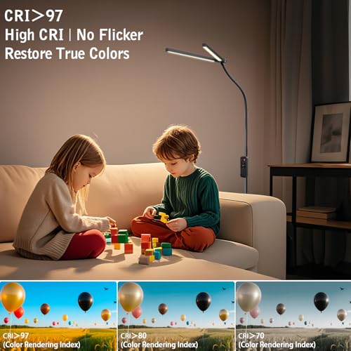Led Floor Lamp for Office, 24W 2400LM Tall Reading Lamp, Dual Head Standing Task Lamp with Remote, Large Goose Neck Lash Light, Craft Work Lights, Puzzle Lights for Tattoo, Piano, Sewing