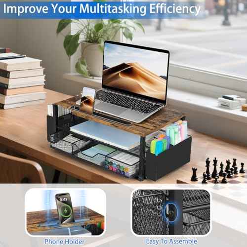 AUPSEN Wood Desk Organizers and Accessories, 2-Tier Computer Monitor Stand Riser with Drawer, Pen Storage & Phone Holder, Office Desk Accessories, Workspace Desktop Organization for Office Supplies£¨Brown£©