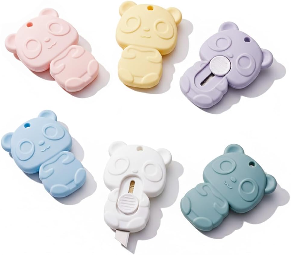Skiennix Mini Box Cutter - Retractable Utility Knife in Cute Panda Design | 6 Pack for Home & Office
