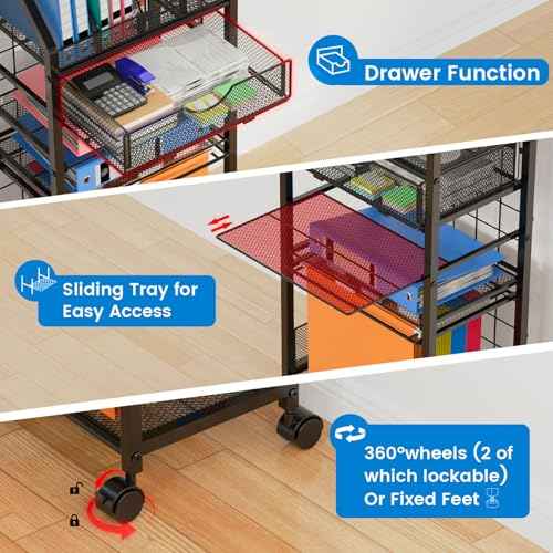 5 Tier Rolling File Cart with Drawer, Metal Office File Cart Organization with Sliding Trays, Teacher Carts with Wheels, Paper Letter Storage Hanging Files Folders for Workspace,Home,School Classroom