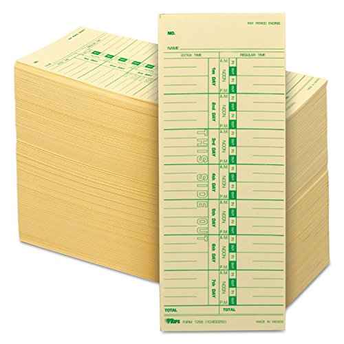 TOPS Time Cards, Weekly, 1-Sided, Numbered Days, 3-1/2" x 9", Manila, Green Print, 500-Count (1256)