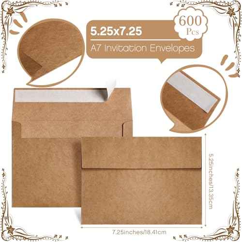 Fainne 600 Pack Brown Envelopes Bulk, Kraft Envelopes for Invitation, 120 GSM Gift Card for Office, Gift, Party, Baby Shower, Wedding (A7,5.25 x 7.25")
