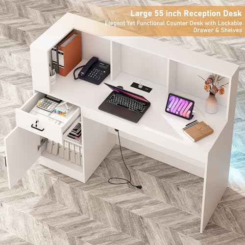 55" Reception Desk with LED Lights Power Outlets,L-Shaped Modern Front Desk Reception Room Table with Cable Grommet,Lockable Drawers,Retail Checkout Counter for Lobby,Salon,Home Office Desk,White