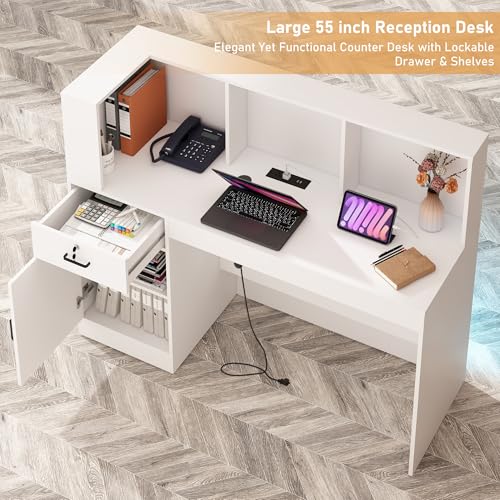 Hlivelood White 55-Inch Reception Desk with LED Lights, Lockable Drawers & Power Outlets