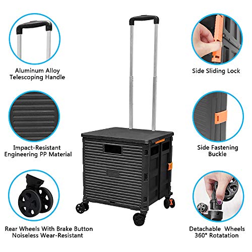 FELICON SELORSS Foldable Utility Cart with Double Wheels, Portable Rolling Crate - Black
