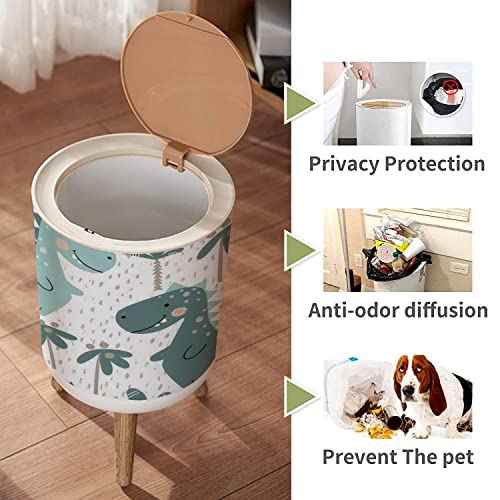 Dinosaur Kids Small Cute Bathroom Trash Can with Lid, Kawaii Dog Child Proof Dino Palm Garbage Bin, Wood Waste Bin, Press Cover, Round Wastebasket, 8.66 x 14.3 inch