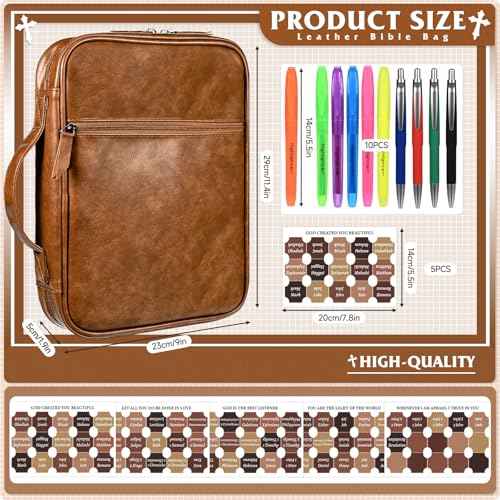 Leather Bible Cover for Men Large Bible Carrying Case with Handle Pockets Bible Book Cover with Highlighters Tabs For Church Prayer Meetings Study Supplies Accessories
