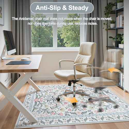 Anidaroel Office Chair Mat for Hardwood Floor/Tile Floor, 48"x60" Boho Floral Computer Chair Mats, Anti-Slip Beige Under Desk Rug for Office Home, Low Pile Floor Protector for Rolling Chair