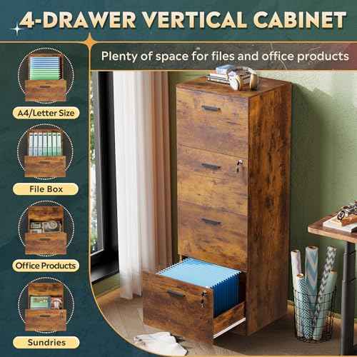 DEVAISE 4 Drawer File Cabinet with Lock, Vertical Filing Cabinet for A4/Letter Size Files, Wood Storage Organizer for Home Office, Rustic Brown