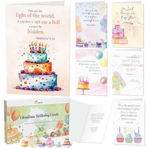 30 Pack Religious Birthday Cards with Envelopes and Stickers ? 4 x 6 in, Inspirational Christian Birthday Cards Bulk Boxed Set with Bible Verses and Greetings Inside for Women, Men, Kids