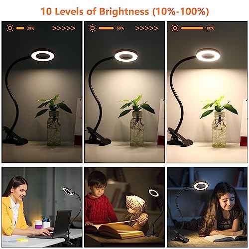 Desk Clip on Lamp for Reading Home Office, 10 Dimmable Brightness 3 Modes, Clamp Light for Bed Headboard