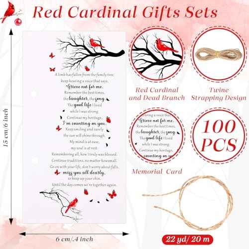 Janlaugh 100 Set Memorial Funeral Favors Include Cardinal Prayer Cards and Bamboo Ballpoint Pens Funeral Pocket Token for Guest Sympathy Remembrance Gifts for Loss of Loved One