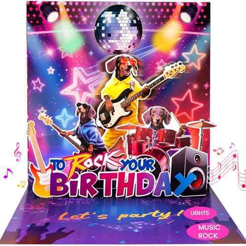 Birthday Card, Funny Birthday Cards for Men Women Kids, Exquisite MUSICAL & SHAKING & LIGHTING Rock Band Dog Pop-up Greeting Card Gifts with Envelope, 6.1 x 6.1 Inch