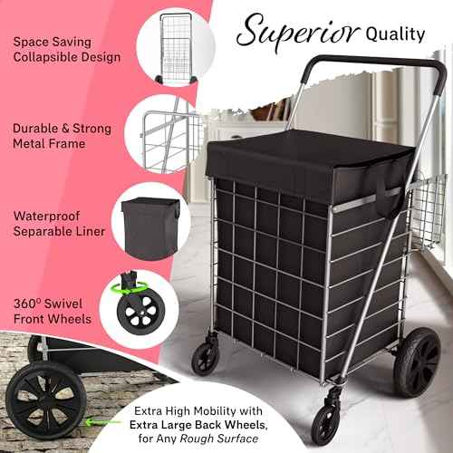 Shopping Cart w/Waterproof Basket Liner & 360¡Æ Swivel Wheels | Foldable Collapsible & Lightweight | Perfect for Groceries Laundry Utility Cart - Silver