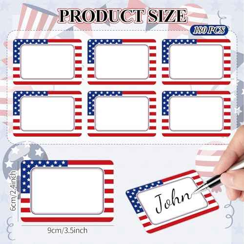 Whaline 180Pcs Patriotic Name Tag Stickers 4th of July American Flag Rectangle Nameplate Sticker Writable Name Label Decals for Independence Day Office School Supplies