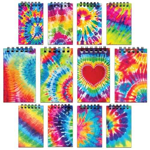 Decorably 24 Pack Spiral Tie Dye Party Favors - 12 Colorful Designs Mini Notebook Party Favors, 2.4x4in Mini Notepads for Kids, Spring-Bound 20 Sheets Little Notepads