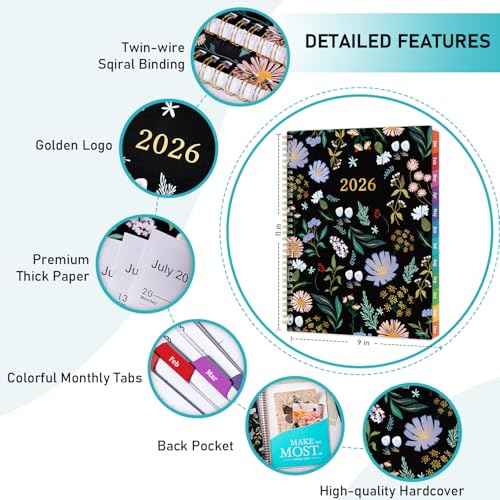2026 Planner - Planner 2026 Weekly and Monthly, Jan.2026 - Dec.2026, 9" x 11", Weekly Monthly Planner 2026 with Colorful Tabs, Twin-wire Binding, Back Pocket - Black
