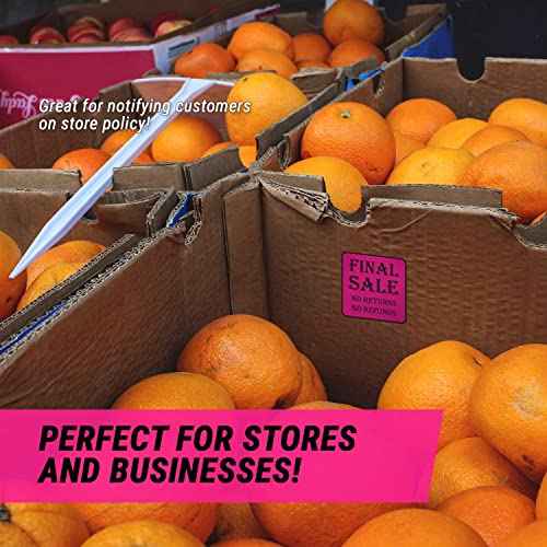 Final Sale Stickers - No Returns No Refunds - 1.5 x 1.5 Inch Square in Neon Pink for Retail Grocery Clearance Final Sales Garage Yard Sale Rummage Sale Thrift Stores Labels - 300 Labels per Roll