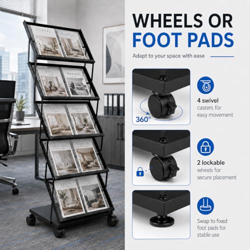 Foldable Floor Standing Magazine & Brochure Display Rack with Wheels, 5 Tiers