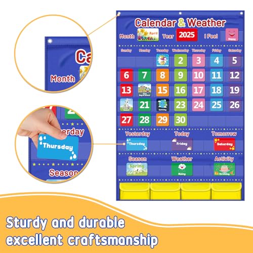 Blue Classroom Calendar Pocket Chart for Kids - Monthly Weather Seasons Learning Chart with 113 Cards | Teacher Must Haves for Kindergarten, Preschool, Homeschool | Interactive Educational Wall Chart