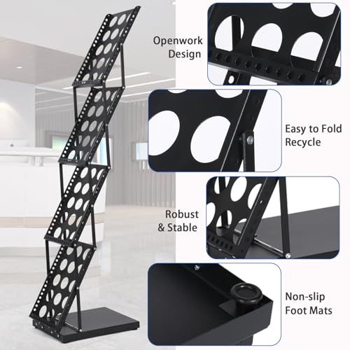 Brochure Display Stand Foldable Magazine Rack, Metal Brochure Holder Literature Rack with Carrying Bag, 4 Pockets Literature Stand for Exhibition Trade Show and Office Retail Store, Black