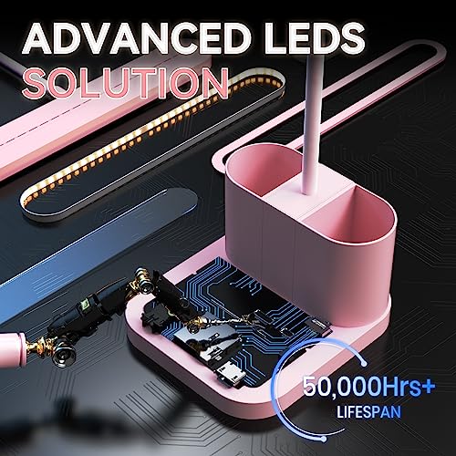 AXX Pink Desk Lamp for Home Office, Cute Table Lights for Bedrooms, Kawaii, Dimmable LED, Flexible Gooseneck, Pen Holder, Touch Control, Room College Dorm Essentials for Teen Girls Kids