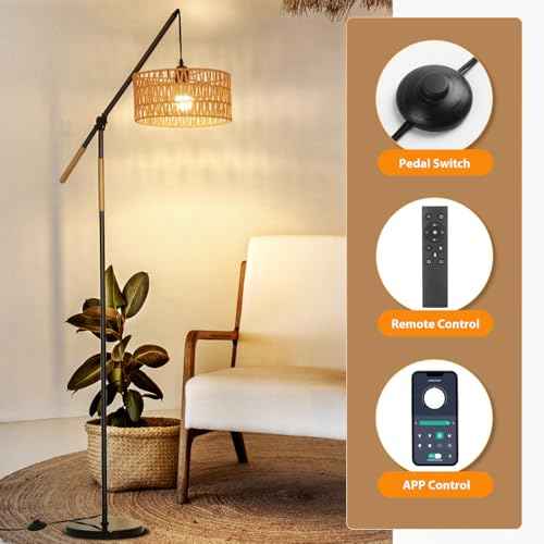 Arc Boho Floor Lamp: 68" Rattan Tall Lamps with Remote and APP Control - Standing Black Floor Lampara with Dimmable LED Bulb for Living Room, Bedroom, Office and Nursery