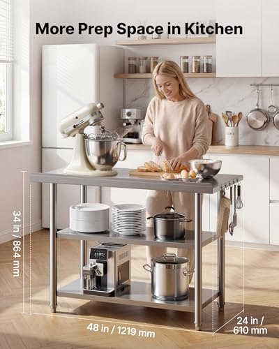VEVOR Stainless Steel Kitchen Work Table 24x48 in with 2 Shelves Backsplash
