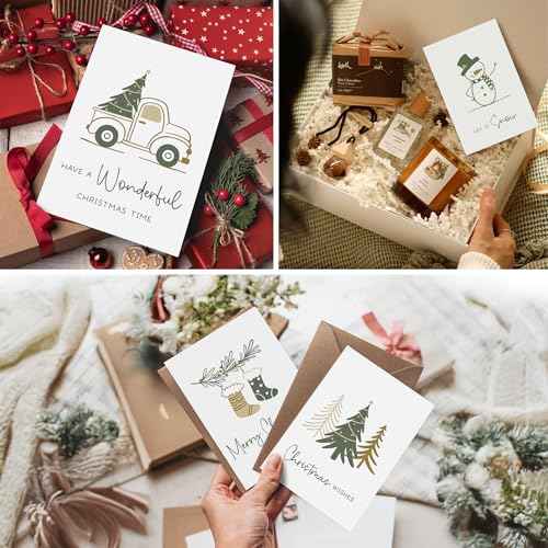 20 Minimal Christmas Cards Boxed with Envelopes & Stickers, Cozy Xmas Cards with 5 Elegant Designs, Incl. Pre-Written Message & Space to Personalize Warm Wishes for Friends, Family & Coworkers