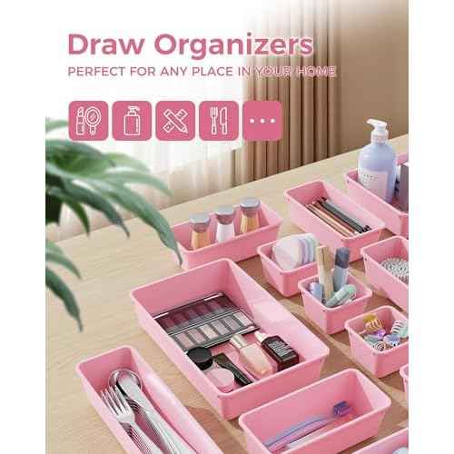 25 PCS Plastic Drawer Organizers Set, 4-Sizes Vanity and Makeup Organizer, Desk and bathroom Drawer Organizer Trays, Organizers and Storage for Makeup, Jewelry, Gadgets, Utensils (Pink)