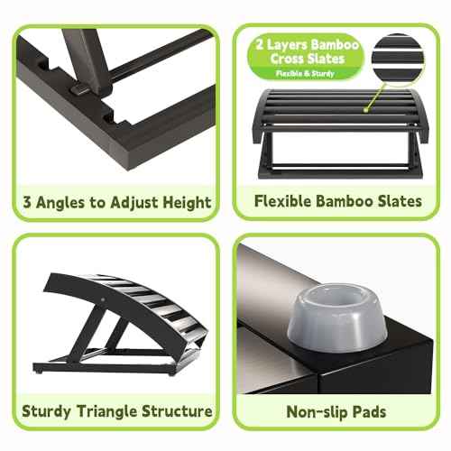 Foot Rest for Under Desk at Work - Adjustable Black Bamboo Footrest for Office and Couch
