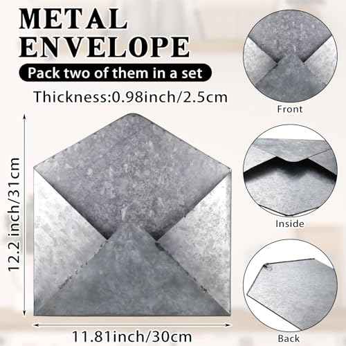 2 Pcs Galvanized Metal Envelope, Wall Mail Organizer Holder Mounted Rustic Wall Holder Farmhouse Pocket for Storage Mail Postcards Letters Bills Home and Office Decor