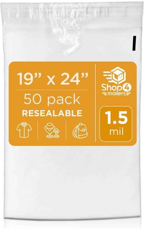 Shop4Mailers Clear Plastic Poly Bags - 19 x 24 Inch Self-Seal Packaging for Apparel & Gifts | 50 Pack