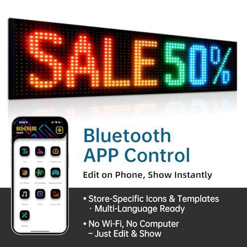 15"x4" Programmable LED Sign for Storefronts, Bluetooth APP Control, Stick-On, USB Powered, IP65 Waterproof Advertising Display