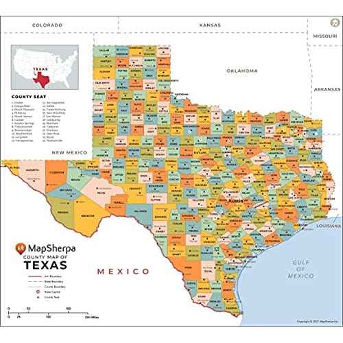 Texas Counties Map - Large - 48" x 43.5" Paper