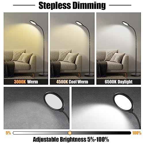 LED Floor Lamp, Reading Light, Bright Modern Tall Lamp, 3 Color Temperatures & Brightness, Adjustable Gooseneck Standing Lamp with Remote & Touch Control for Living Room, Bedroom, Office