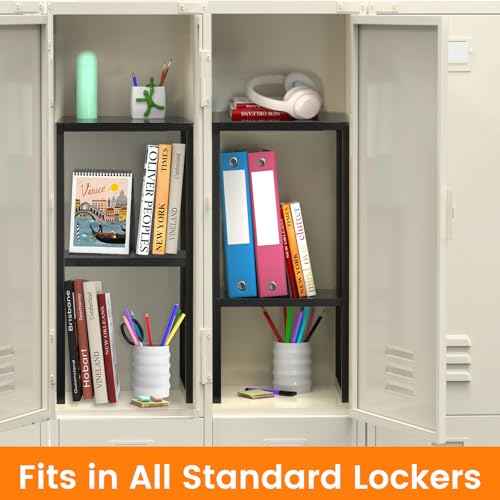 Locker Organizer Shelf, Metal Adjustable Width and Height, Ideal Locker for School, Office, and Gym Lockers, Extends Locker Storage Organization, Black