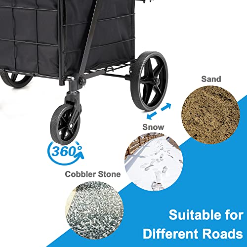 HABUTWAY Grocery Cart on Wheels with Removable Liner, Folding Shopping Cart,Heavy Duty Shopping Carts for Groceries,360¡Æ Rolling Laundry Cart,Lightweight Trolley for Seniors 220lb Capacity Black