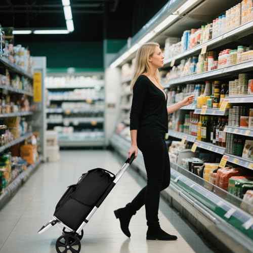 2 in 1 Shopping Cart, 330 lbs Grocery Cart on Wheels, Foldable, Load-Bearing Hand Truck with Black Waterproof Bag for Shopping, Moving, Groceries, Luggage,Office.