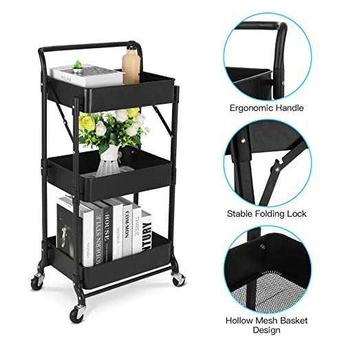 Foldable 3 Tier Metal Utility Rolling Cart, Folding Mobile Multi-Function Storage Trolley Organizer Cart for Home Library Office(Black)