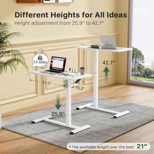 Mobile Standing Desk, Pneumatic Adjustable Rolling Desk(31.5 Inches), Portable Laptop Desk with Wheels, Overbed Bedside Table Laptop Table for Couch, Home, Office, White