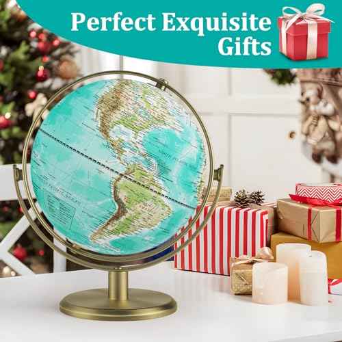 8'' World Globe with Gold Stand 720¡Æ Rotating, Kids Adults Student Geography Educational, Desk Globe Decorative Office Classroom, Unique Birthday Christmas Gifts (Elegant Turquoise)