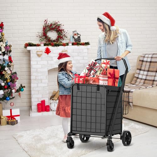 HABUTWAY Grocery Cart on Wheels for Groceries, Folding Shopping Carts with Liner, 110LBS Large Capacity Jumbo Grocery Cart with Dual Basket, 360¡Æ Rolling Laundry Cart, Lightweight Trolley for Senior