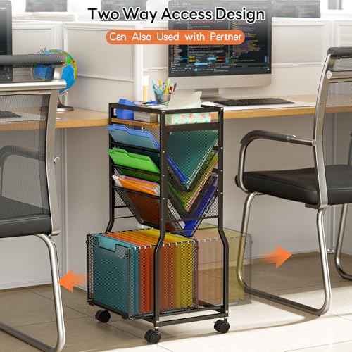 8 Tier Rolling File Cart with Hanging File Folder Organizer, Mobile File Organizer with 2 Sides Access Bookcase, Beside/Under Desk Cart with Wheels for Office Home School