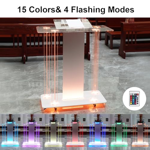 46in LED Acrylic Church Pulpit with Wheels – Clear Lectern Podium with 15 Color Lights (Variation: 46IN Podium)